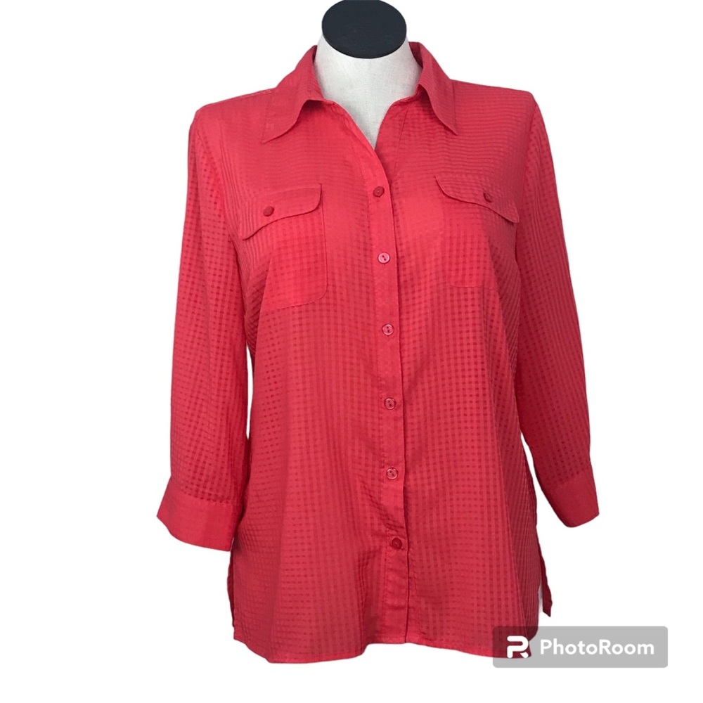 Kim Roger button up shirt women’s size L Color Orange 3/4 roll tab sleeves